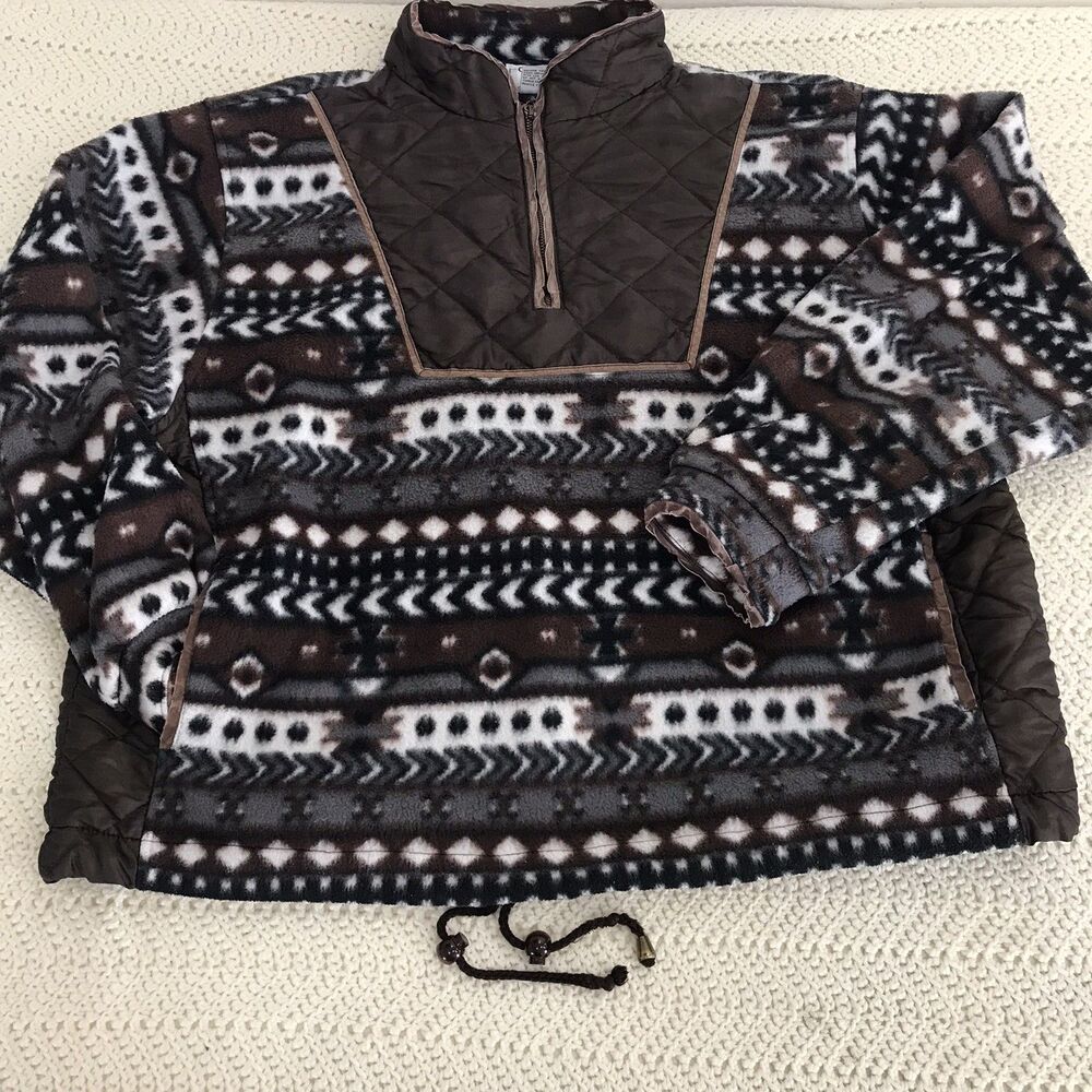 Aztec Patterned Fleece Pullover Women’s L Brown 1/4 Zip Cinch Waist